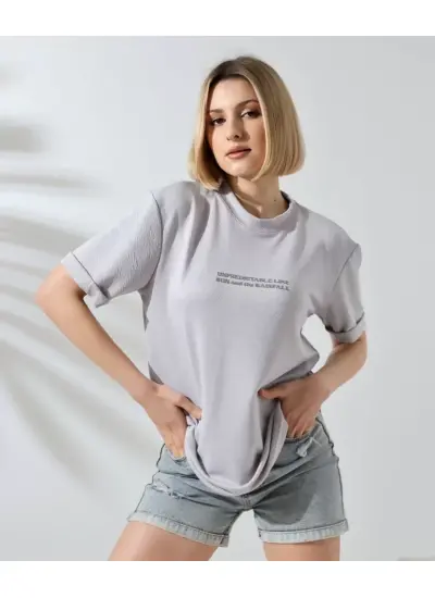 Unisex Bisiklet Yaka Baskılı Slim Fit T-Shirt - Boyalı Gri