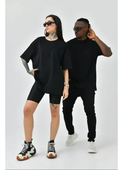 Unisex Basic Bisiklet Yaka Oversize T-Shirt - Siyah