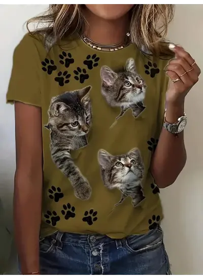 Kadın Kısa Kollu Kedi Ve Pati Baskılı Süprem T-shirt