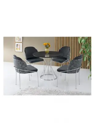Kum Saati High Gloss Siyah Krom Mutfak Masa 4 Sandalye Seti 90cm