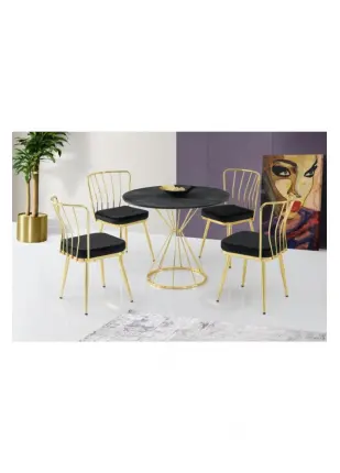 Kum Saati High Gloss Siyah Gold Mutfak Masa 4 Sandalye Seti 90cm