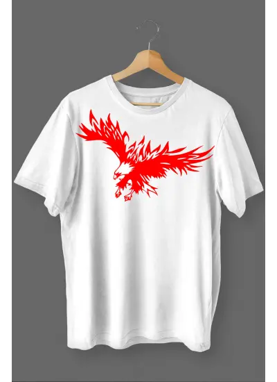 Kartal Baskılı Pamuklu Likralı T-shirt (Kırmızı Desenli Beyaz) L Beden