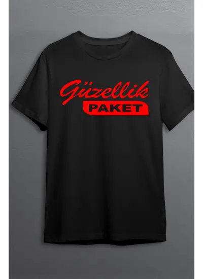 Güzellik Paket Baskılı Pamuklu Likralı T-shirt (Kırmızı Yazılı Siyah) S Beden