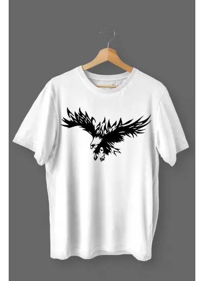 Kartal Baskılı Pamuklu Likralı T-shirt (Siyah Desenli Beyaz) XL Beden