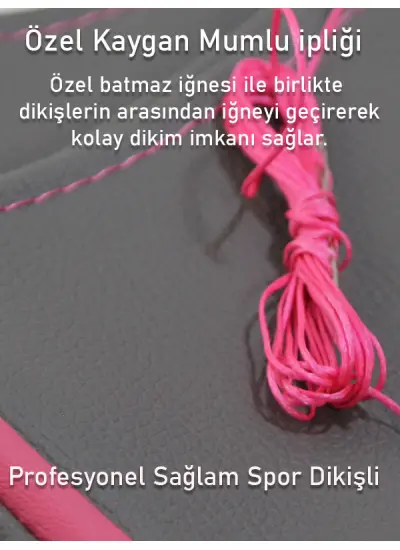 Mazda Oto Modellerine Uyumlu Gri Deri Pembe Yüzüklü Dikişli Direksiyon Kılıfı