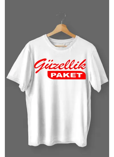 Güzellik Paket Baskılı Pamuklu Likralı T-shirt (Kırmızı Yazılı Beyaz) S Beden