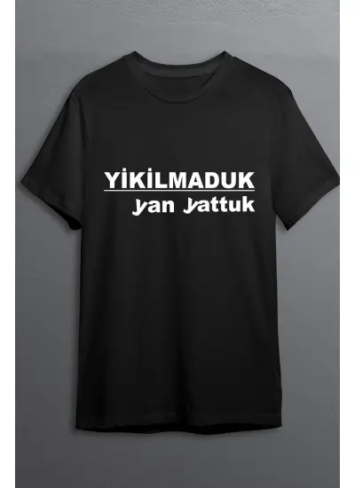 Yıkılmaduk Yan Yattuk Baskılı Pamuklu Likralı T-shirt (Beyaz Yazılı Siyah) S Beden