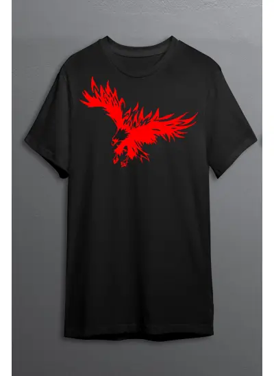 Kartal Baskılı Pamuklu Likralı T-shirt (Kırmızı Desenli Siyah) M Beden