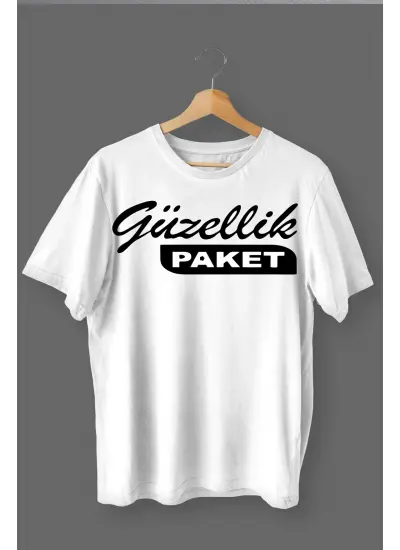 Güzellik Paket Baskılı Pamuklu Likralı T-shirt (Siyah Yazılı Beyaz) L Beden