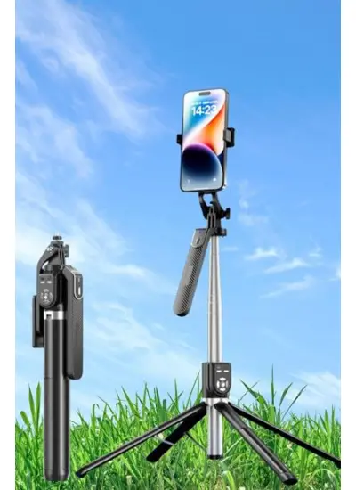 BUFFER® Kumandalı 360 Derece Dönebilen Cep Telefonu ve Kamera Tripodu  2.2m Uzayabilen Selfie Çubuğu