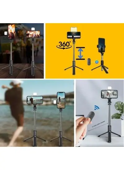 BUFFER® Kendiliğinden Işıklı Masaüstü Tripod Olabilen Telefon Tutuculu Kablosuz Kumandalı Selfie Çubuğu