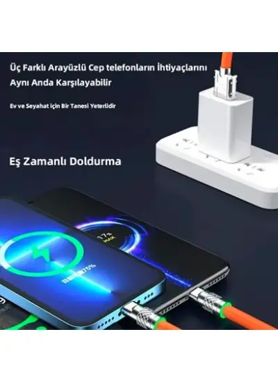 BUFFER® 3 in 1 Type-C + Micro Usb + Lightning Hızlı Şarj Kablosu Silikon Kablo 1 Metre Opp Ambalaj