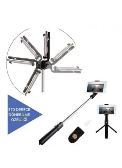 BUFFER® Sabitlenebilir Cep Telefon Tutucu  Ayarlanabilir Taşınabilir 3 Ayaklı Tripod Selfie Çubuğu