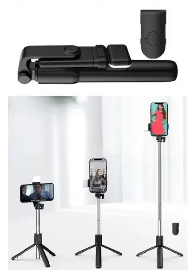 BUFFER® Kendiliğinden LED Işıklı Kumandalı Uzayabilen Selfie Çubuğu,Masa Üstü Tripod