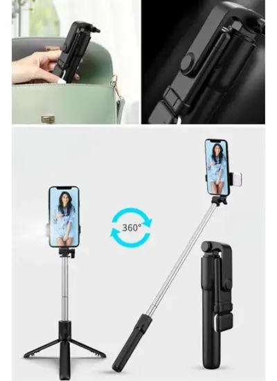 BUFFER® Kendiliğinden LED Işıklı Kumandalı Uzayabilen Selfie Çubuğu,Masa Üstü Tripod