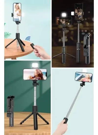 BUFFER® Kendiliğinden Işıklı Masaüstü Tripod Olabilen Telefon Tutuculu Kablosuz Kumandalı Selfie Çubuğu