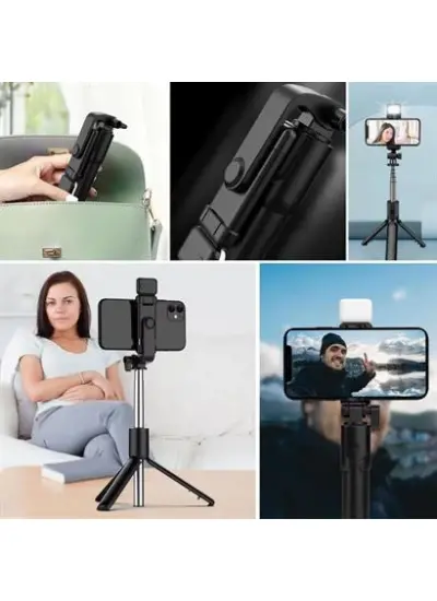 BUFFER® Kendiliğinden LED Işıklı Kumandalı Uzayabilen Selfie Çubuğu,Masa Üstü Tripod