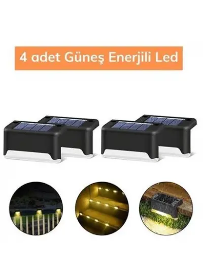 BUFFER® Solar Güneş Enerjili Şarj Edilen Köşebent Merdiven Veranda Bahçe Yolu Led Lamba Işık 4 Adet