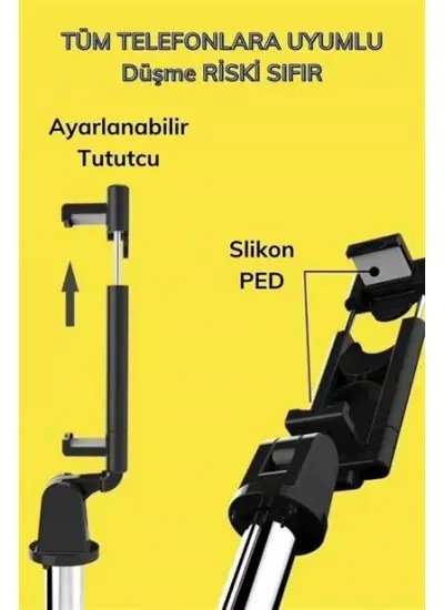 BUFFER® Sabitlenebilir Cep Telefon Tutucu  Ayarlanabilir Taşınabilir 3 Ayaklı Tripod Selfie Çubuğu