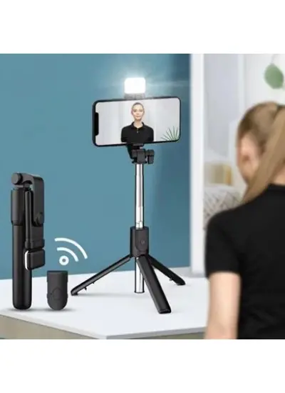 BUFFER® Kendiliğinden LED Işıklı Kumandalı Uzayabilen Selfie Çubuğu,Masa Üstü Tripod