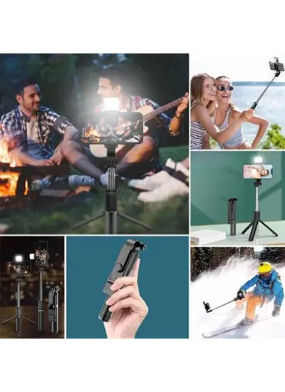 BUFFER® Kendiliğinden Işıklı Masaüstü Tripod Olabilen Telefon Tutuculu Kablosuz Kumandalı Selfie Çubuğu