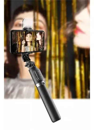 BUFFER® Kendiliğinden Işıklı Masaüstü Tripod Olabilen Telefon Tutuculu Kablosuz Kumandalı Selfie Çubuğu