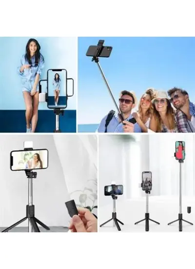 BUFFER® Kendiliğinden LED Işıklı Kumandalı Uzayabilen Selfie Çubuğu,Masa Üstü Tripod