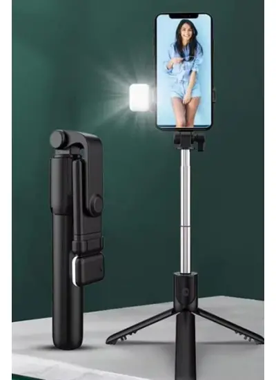 BUFFER® Kendiliğinden LED Işıklı Kumandalı Uzayabilen Selfie Çubuğu,Masa Üstü Tripod