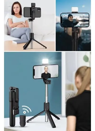 BUFFER® Kendiliğinden LED Işıklı Kumandalı Uzayabilen Selfie Çubuğu,Masa Üstü Tripod