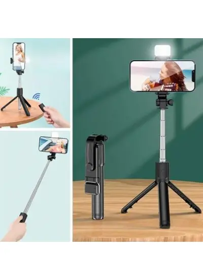 BUFFER® Kendiliğinden Işıklı Masaüstü Tripod Olabilen Telefon Tutuculu Kablosuz Kumandalı Selfie Çubuğu