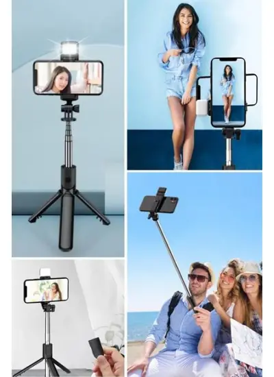 BUFFER® Kendiliğinden LED Işıklı Kumandalı Uzayabilen Selfie Çubuğu,Masa Üstü Tripod