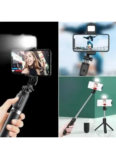 BUFFER® Kendiliğinden Işıklı Masaüstü Tripod Olabilen Telefon Tutuculu Kablosuz Kumandalı Selfie Çubuğu