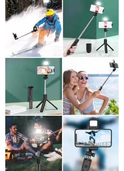 BUFFER® Kendiliğinden Işıklı Masaüstü Tripod Olabilen Telefon Tutuculu Kablosuz Kumandalı Selfie Çubuğu