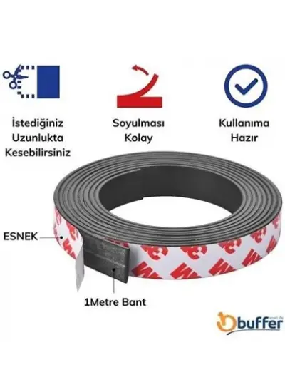 Yapışkanlı Şerit Mıknatıs Magnet Kes Kullan Güçlü Sağlam Rulo Çıkarılması Kolay Siyah 2cm x 1 mt