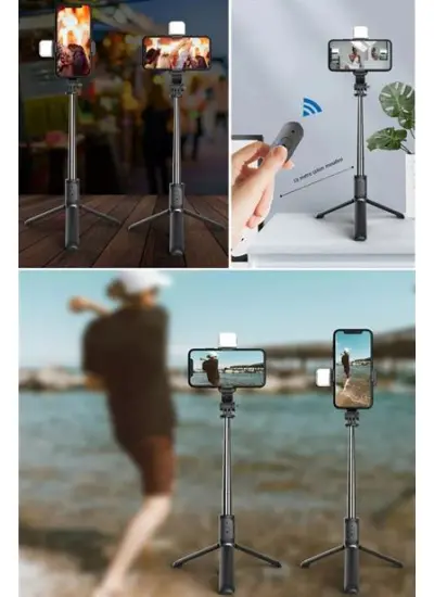 BUFFER® Kendiliğinden Işıklı Masaüstü Tripod Olabilen Telefon Tutuculu Kablosuz Kumandalı Selfie Çubuğu