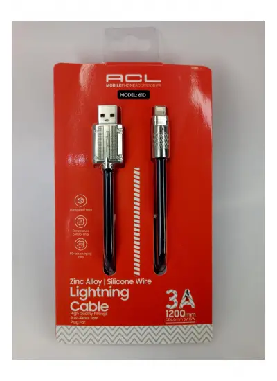 Acl 61D Pd 3A Çinko Alaşımlı Silikon Telli 1.2m Lightning Şarj Kablo Usb Kablo