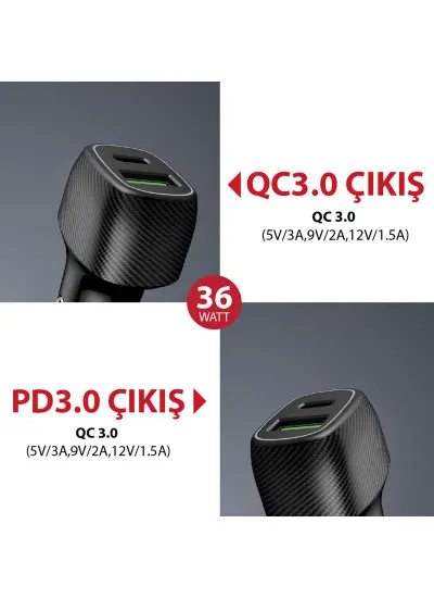 Acl AC-85 PD Quick Charge 3.0 USBx2 6A 36 Watt Araç İçi Şarj Aleti