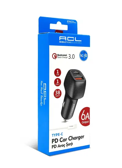 Acl Ac-92 Q.c 3.0 6 Amper Araç Içi Çakmaklık Type-c Kablolu Şarj Usb - Type-c