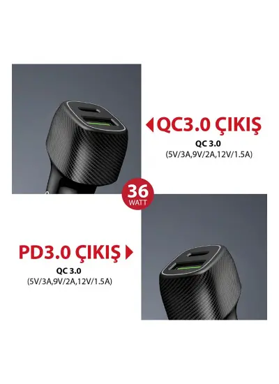 Acl Ac-92 Q.c 3.0 6 Amper Araç Içi Çakmaklık Type-c Kablolu Şarj Usb - Type-c