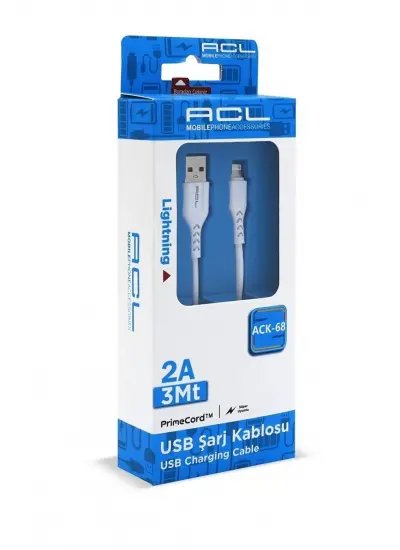 Acl ACK-68 PrimeCord 2A, 3Metre Lightning USB Şarj Kablosu