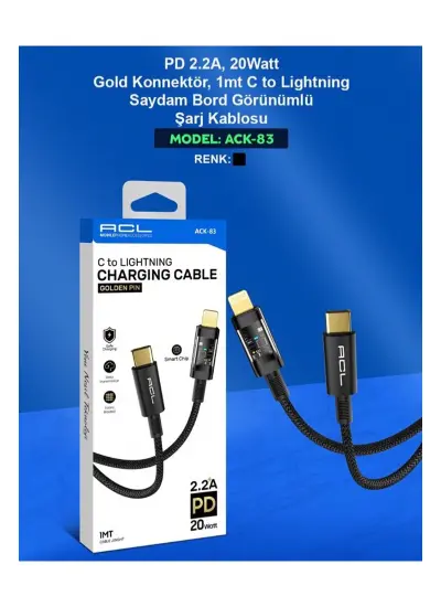 Acl Ack-83 2.2A/20Watt PD Saydam Bord Görünümlü C to Lightning Gold Şarj Ve Data Kablosu