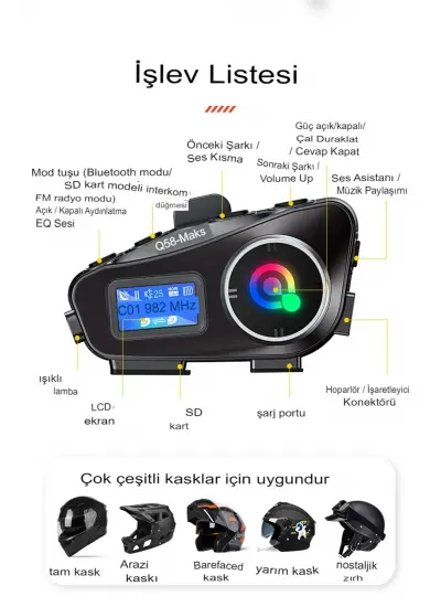 Blic Q58-MAX Radyolu 2 Kişi Bağlantılı Bluetooth Kask Kulaklık Ekranlı Fenerli Müzik ve Telsiz Intercom