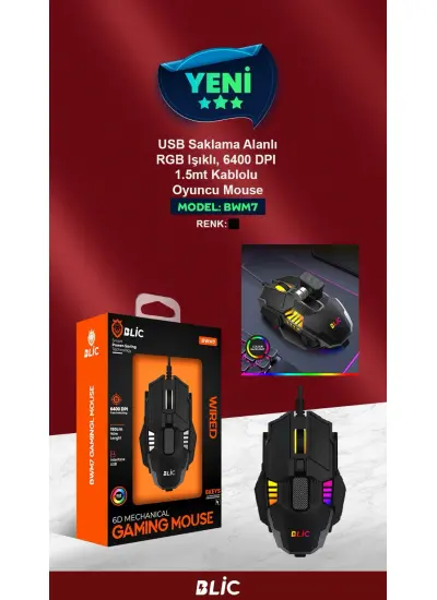 Blic BWM7 6400 DPI, Rgb Işıklı, 1.5MT Kablolu Oyuncu Mouse