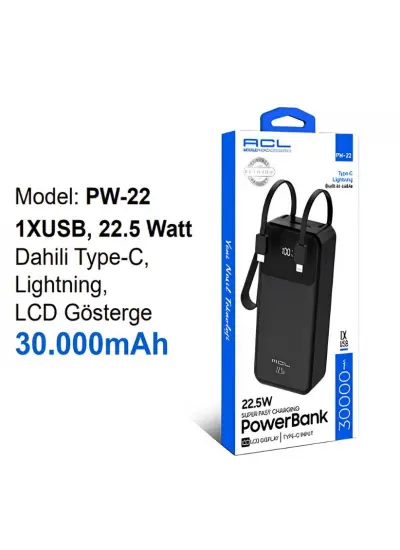 ACL 30.000mAh PW-22 1XUsb 22.5 Watt Dahili Type-C Lightning Lcd Gösterge Powerbank