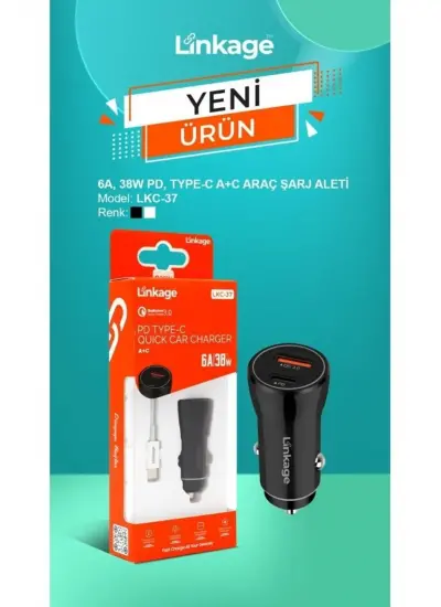 Linkage 38w/6a Araç Çakmaklık Hızlı Şarj Aleti Type-c Ve Usb Girişli Type-c To Type-c Kablo Lkc-37