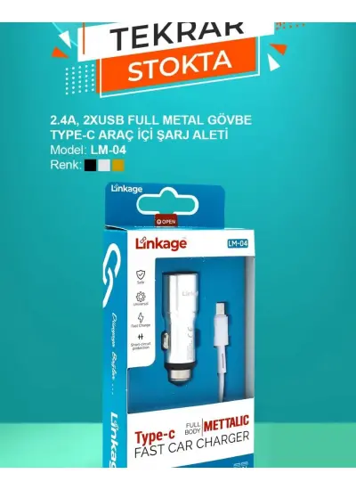 Linkage Lm-04 Full Metal Uyumlu Type-c 2,4a/2XUsb Araç İçi Şarj Aleti