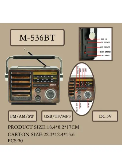 Nostaljik Klasik Radyo Bluetooth ve Fener Destekli M-536BT