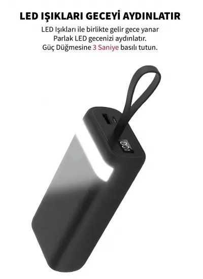 Acl 1xUsb Kamp IşıklıLcd Gösterge Dahili Mikro Type-C Lightning Powerbank Pw-86