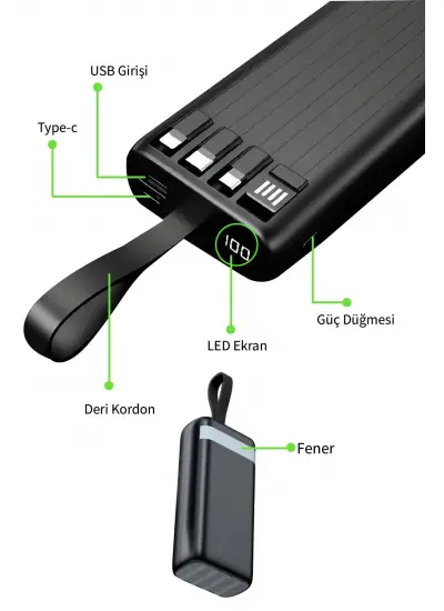 Acl 1xUsb Kamp IşıklıLcd Gösterge Dahili Mikro Type-C Lightning Powerbank Pw-86