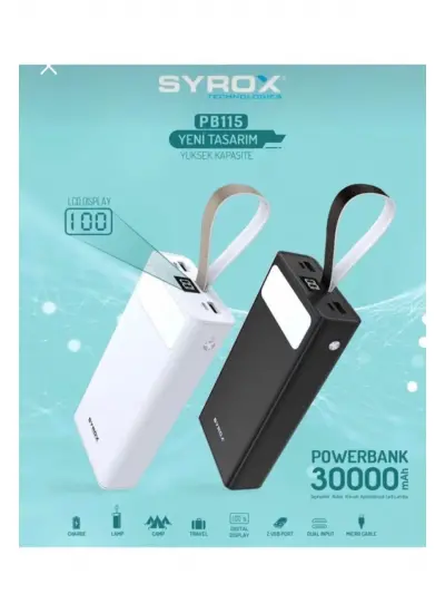 Syrox 30.000 Mah LED Işıklı Powerbank Yedek Batarya Hızlı Şarj